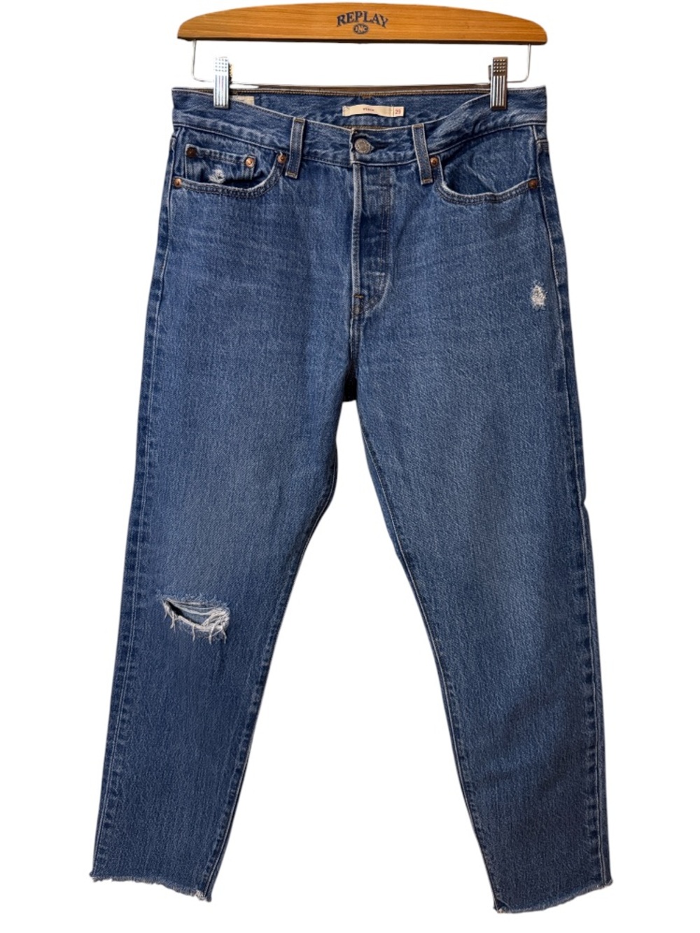 Levi's Premium Wedgie Straight Leg Frayed Bottom Distressed Ankle Jeans Size 29